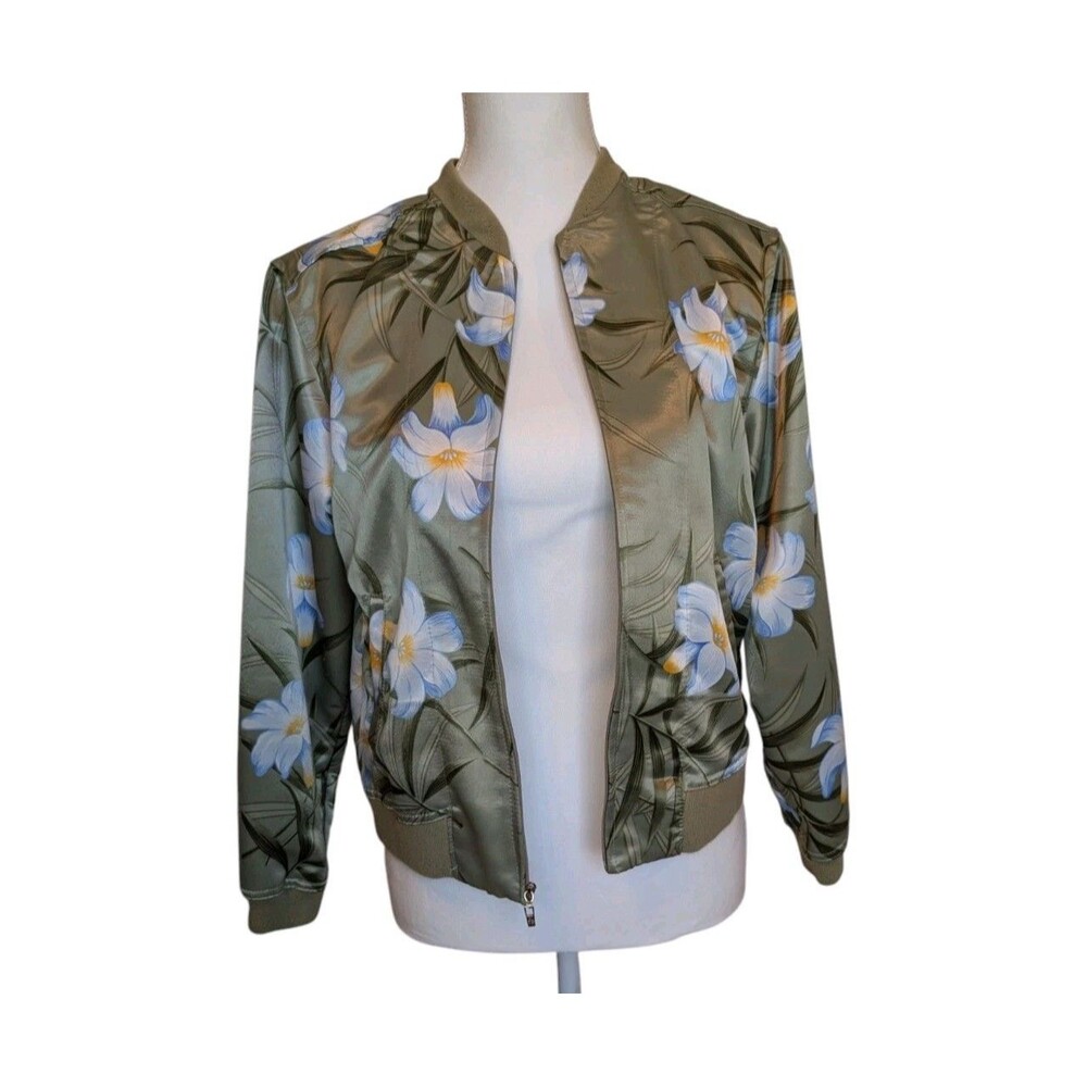 Caribbean Joe Tropical Bomber Jacket 90's Satin Women's Size PSmall Green Floral